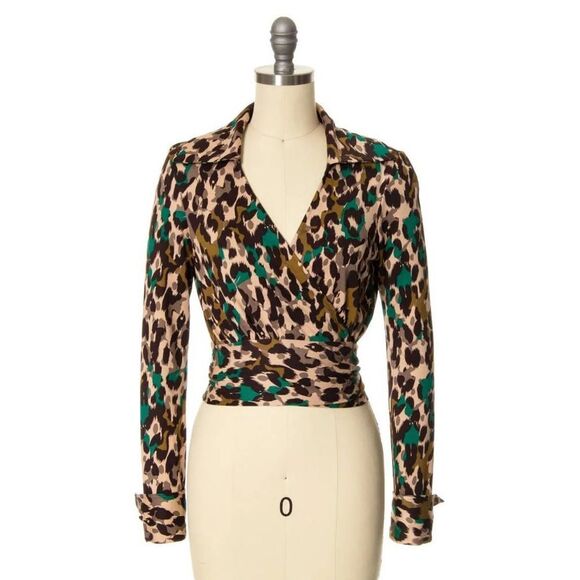 DIANE VON FURSTENBERG Top SZ 6 Vintage Silk Jersey Leopard Animal Print 70s Wrap - Picture 3 of 14